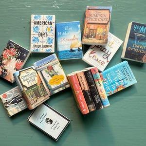 Puede incluir: Una colección de libros en miniatura con varios títulos y cubiertas coloridas, incluyendo "American Dirt", "The Pumpkin Spice Cafe" y "The Wish". Los libros están dispuestos sobre una superficie verde, mostrando una variedad de géneros literarios.