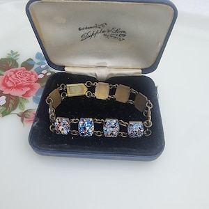Art Deco Antique Brass Enamel Panel Bracelet, True Vintage Art Deco Bracelet