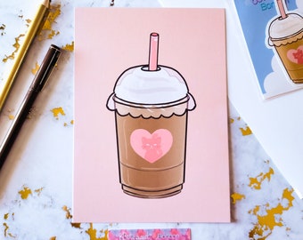 Cute Coffee Art Print - Cute Wall Art - Kawaii Home Decor - Kawaii Anime Food Art - Kawaii Illustration printed on thick premium cardstock