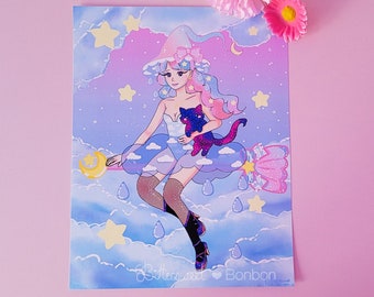 Kawaii Rainy Witch with Galaxy Cat Friend Art Print - Kawaii Home Decor - Cute Horror - Aesthetic Art Illustration - Bittersweet Bonbon