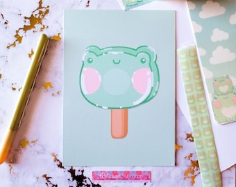 Frog Ice Cream Art Print - Cute Wall Art - Kawaii Anime Food Art - Kawaii Illustration printed on thick premium cardstock