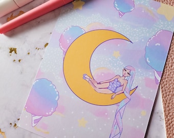 Cotton Candy Moon Art Print - Cute Cozy Wall Art - Kawaii Anime Food Art - Kawaii Illustration printed on thick premium cardstock