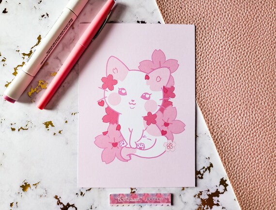 Sakura Cat Art Print- Cute Wall Art - Kawaii Home Decor - Kawaii Food Art - Kawaii Illustration printed on thick premium cardstock