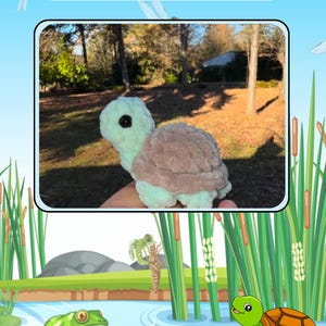 May include: Tortellini the Tortoise, a crocheted amigurumi toy, is a light green and brown turtle with black eyes. The toy is sitting on a hand in a wooded area. The image is surrounded by a green border with a pond and a green frog and a brown turtle in the bottom.