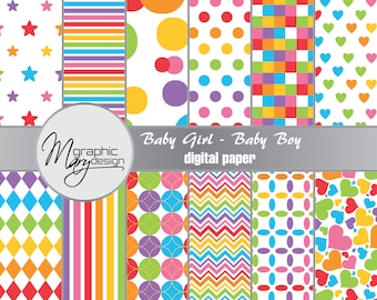 Rainbow, 12 Scrapbooking Paper, Rainbow Dash, Baby Shower, Birthday, Patterns Digital Paper Pack, Colourful, Boy, Girl