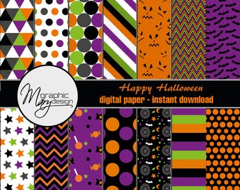 14 Halloween Scrapbooking Paper, Halloween Paper, Halloween Printable, , purple, orange, green, black