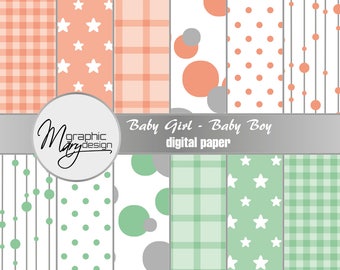 12 Digital cards for scrapbooking, scrapbooking for girls and boys, printable, green card, orange paper