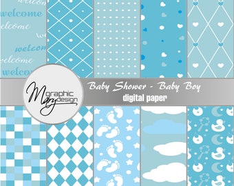 10 Scrapbooking Paper, It's a Boy, Baby Shower, Birth, Patterns Digital Paper Pack