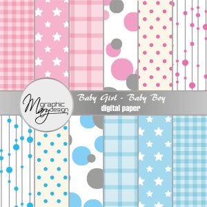 12 Carte digitale per scrapbooking, scrapbooking bambina e bambino, stampabile, carta rosa, carta azzurra
