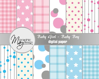 12 Digital cards for scrapbooking, scrapbooking for girls and boys, printable, pink paper, blue paper