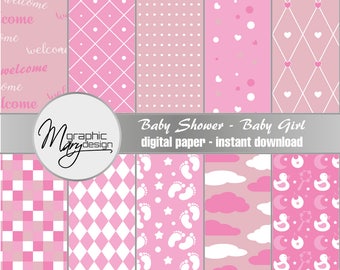 10 Scrapbooking Paper, It's a Girl, Baby Shower, Birth, Patterns Digital Paper Pack