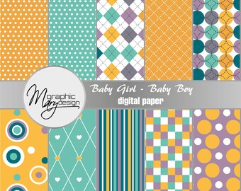 10 Scrapbooking Paper, Baby Shower, Birth, Patterns Digital Paper Pack, Colourful, Boy, Girl