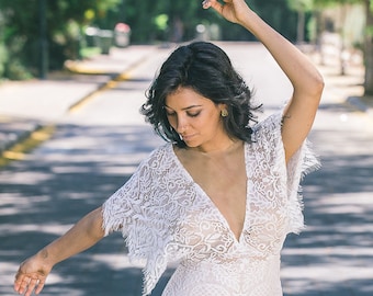 Bat Sleeve Wedding Dress, Lace Boho Wedding Dress, Plunging Neckline Wedding Dress, Kimono Wedding Dress, Flutter Sleeve Wedding Dress