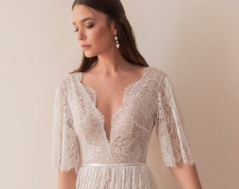 Romantic Lace Wedding Dress, Short Sleeve Wedding Dress, Flutter Sleeve, Boho Lace Wedding Dress, Plunging Neckline Wedding Dress