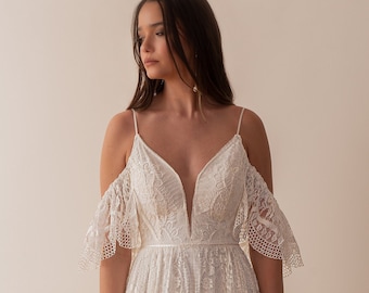 Summer Wedding Dress, Beach Wedding Dress, Boho Lace Wedding Dress, Short Sleeve Wedding Dress, Fit and Flare Wedding Dress