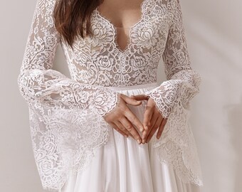 Long and Fluttered Sleeves Boho Wedding Dress, Backless Wedding Dress, Lace and Chiffon Wedding Dress, Romantic Wedding Dress