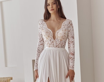 Boho Lace Wedding Dress, Long Lace Sleeve Lace Romantic Wedding Dress, V Neck Wedding Dress, Lace and Chiffon Dreamy Wedding Dress