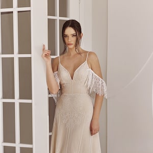 Lace Boho Wedding Dress, Romantic Lace Wedding Dress, Open Back Wedding Dress, Off shoulders Wedding dress