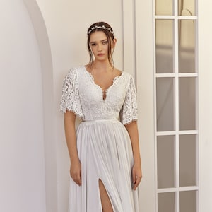 Boho Lace Wedding Dress, Short Sleeve Romantic Wedding Dress, V Neck Lace Wedding Dress, Lace and Chiffon Wedding Dress