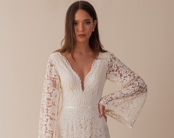 Boho Lace Wedding Dress Long Flutter Sleeve Wedding Dress Bell Sleeve Wedding Dress Plunging Neckline Boho Wedding Dress