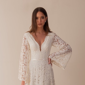 Boho Lace Wedding Dress Long Flutter Sleeve Wedding Dress Bell Sleeve Wedding Dress Plunging Neckline Boho Wedding Dress