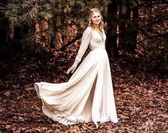 Classic Wedding Dress Long Sleeve Wedding Dress Bohemian Wedding Dress Chiffon Boho Wedding Dress Open Back Plunging Neckline Wedding Dress
