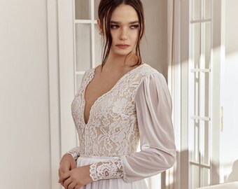 Boho Lace Wedding Dress, Long Sleeve Romantic Wedding Dress, V Neck Wedding Dress, Lace and Chiffon Wedding Dress