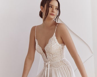 Vestido de novia bohemio de encaje, vestido de novia de gasa y encaje, vestido de novia para jardín, vestido de novia para una escapada, vestido de novia para la playa