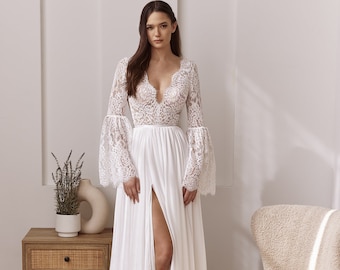 Long and Fluttered Sleeves Boho Wedding Dress, Backless Wedding Dress, Lace and Chiffon Wedding Dress, Romantic Wedding Dress