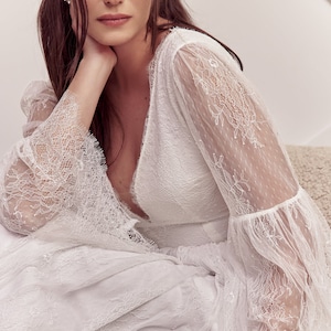 Vintage Lace Boho Wedding Dress, Flutter Sleeve Boho Wedding Dress, Beach Wedding Dress, Plunging Neckline Sleeve Wedding Dress
