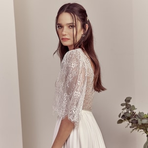 Short Sleeve Boho Wedding Dress, Backless Wedding Dress, Lace and Chiffon Wedding Dress, Romantic Wedding Dress, Romantic Bridal gown