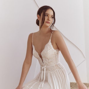 Boho Lace Wedding Dress, Chiffon and Lace Wedding Dress, Garden Wedding Dress, Elopement Wedding Dress, Beach Wedding Dress