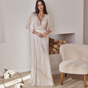 Short Sleeve Lace Wedding Dress, Deep V Boho Lace Bridal Gown, Garden Lace Wedding Dress, Open Back Lace Wedding Dress, Barn Wedding Dress