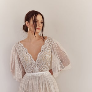 Fairy V Neck Boho Wedding Dress, Short Sleeve, Flutter Sleeve Bohemian Wedding Dress, Garden Wedding Dress, Delicate Boho Wedding Dress