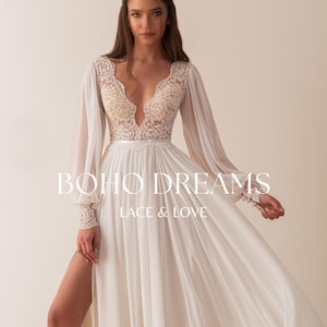 Long Sleeve Boho Wedding Dress, Backless Wedding Dress, Lace and Chiffon Wedding Dress, Romantic Wedding Dress