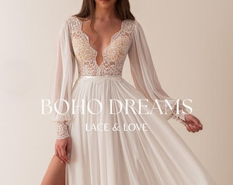 Long Sleeve Boho Wedding Dress, Backless Wedding Dress, Lace and Chiffon Wedding Dress, Romantic Wedding Dress