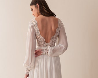 Classic Wedding Dress, Long Sleeve Wedding Dress, Chiffon Wedding Dress, Boho Wedding Dress, Open Back, Plunging Neckline Dress