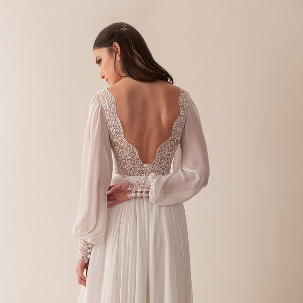 Classic Wedding Dress, Long Sleeve Wedding Dress, Chiffon Wedding Dress, Boho Wedding Dress, Open Back, Plunging Neckline Dress