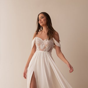 Beach Wedding Dress, Boho High Slit Wedding Dress, Lace Top Wedding Dress, Garden Wedding Dress