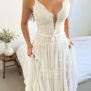 Boho Lace Bridal Gown, Chiffon and Lace Wedding Gown, Garden Wedding Dress, Elopement Wedding Dress, Beach Wedding Dress, Bridal Boho Gown