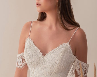 Boho Beach Wedding Dress, Personalized Lace Wedding Dress, High Slit Lace Wedding Dress, Sexy Open Back Wedding Dress