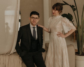 High Neck Short Sleeve Wedding Dress, Flutter Sleeve Boho Wedding Dress, Open Back Boho Wedding Dress, Lace Wedding Dress.