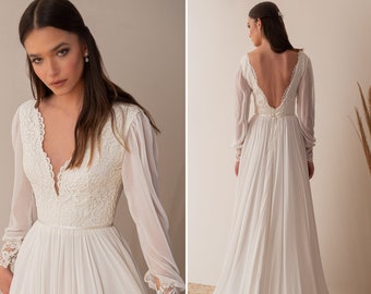 Boho Lace Wedding Dress, Long Sleeve Romantic Wedding Dress, V Neck Wedding Dress, Lace and Chiffon Wedding Dress