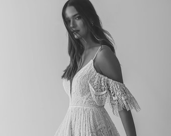Fit and Flare Boho wedding Dress, Vintage Lace Boho Wedding Dress, Fluttering Wedding Dress, Beach Wedding Dress