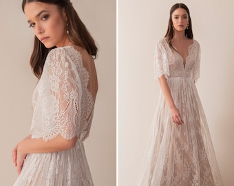 Romantic Lace Wedding Dress, Short Sleeve Wedding Dress, Flutter Sleeve, Boho Lace Wedding Dress, Plunging Neckline Wedding Dress