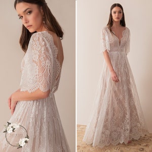 Romantic Lace Wedding Dress, Short Sleeve Wedding Dress, Flutter Sleeve, Boho Lace Wedding Dress, Plunging Neckline Wedding Dress