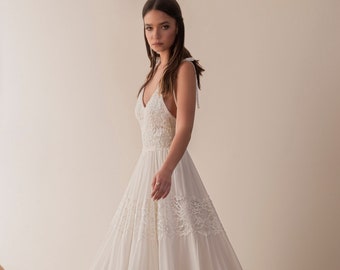 Boho Beach Brautkleid, Sommer Boho Brautkleid, Brautkleid aus Spitze und Chiffon, rückenfreies klassisches Brautkleid