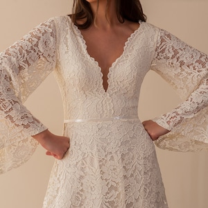 Destination Wedding Dress, Flutter Long Sleeve Open Back Boho Wedding Dress, Bell Sleeve Wedding Dress, Elopement Lace Boho Bridal Gown