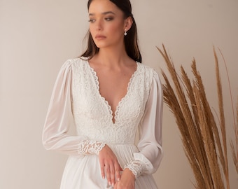 Classic Long Sleeve Wedding Dress, Boho Wedding Dress, Chiffon and Lace Wedding Dress, Plunging Neckline Wedding Dress