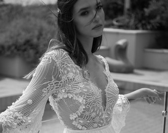 Fairy Wedding Dress Bell Sleeve Boho Wedding Dress Beaded Lace Wedding Dress Lace And Chiffon Wedding Dress 3/4 Sleeve wedding Dress